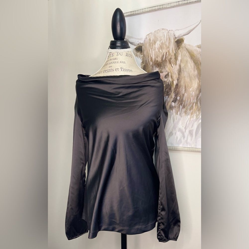 Qi Designer open neck silk/cotton Blouse Top Shirt EUC Black small